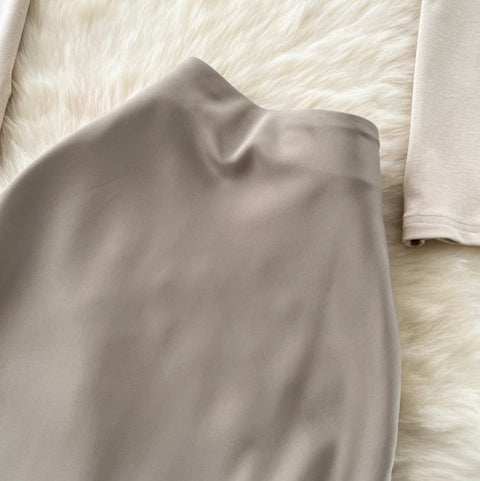 Slant Neckline Top & Satin Skirt 2Pcs