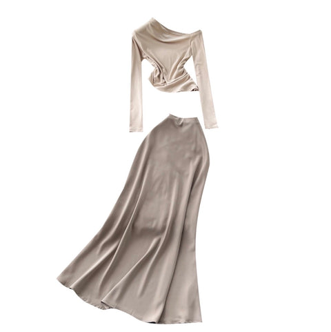 Slant Neckline Top & Satin Skirt 2Pcs