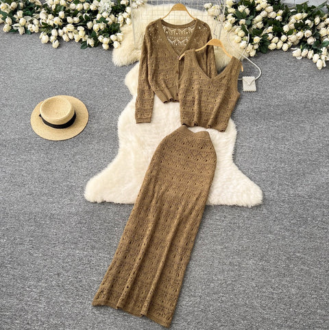 Crochet Cardigan & Vest & Trousers 3Pcs