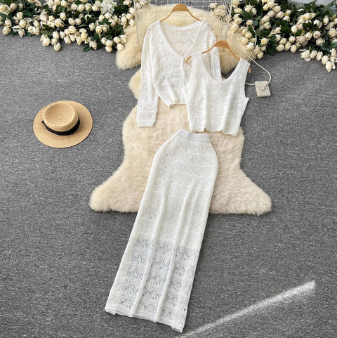 Crochet Cardigan & Vest & Trousers 3Pcs