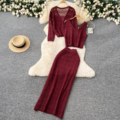 Crochet Cardigan & Vest & Trousers 3Pcs