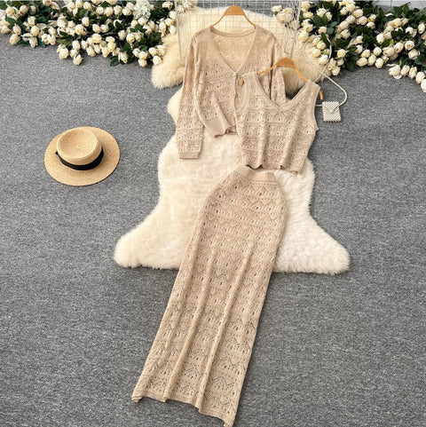 Crochet Cardigan & Vest & Trousers 3Pcs
