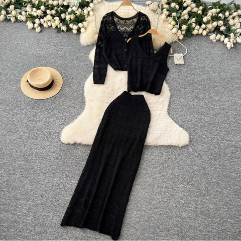 Crochet Cardigan & Vest & Trousers 3Pcs