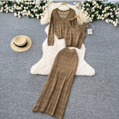 Crochet Cardigan & Vest & Trousers 3Pcs