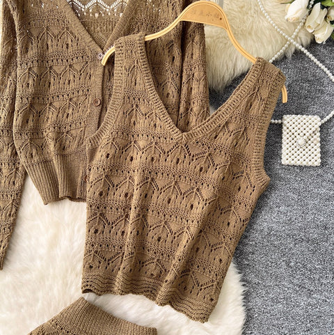 Crochet Cardigan & Vest & Trousers 3Pcs