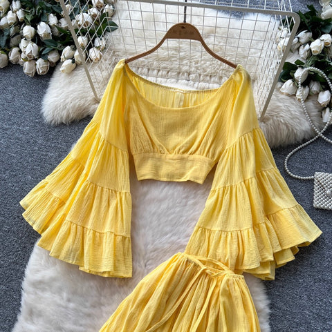 Midriff Baring Top & Skirt Yellow 2Pcs