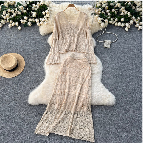 Crochet Knitwear & Half-body Skirt 2Pcs