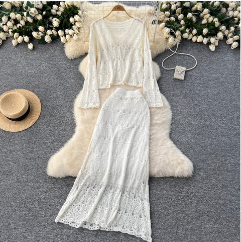 Crochet Knitwear & Half-body Skirt 2Pcs