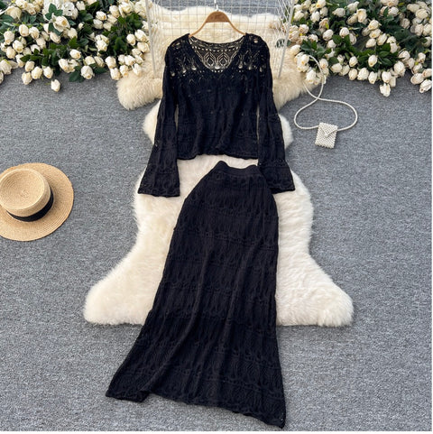 Crochet Knitwear & Half-body Skirt 2Pcs