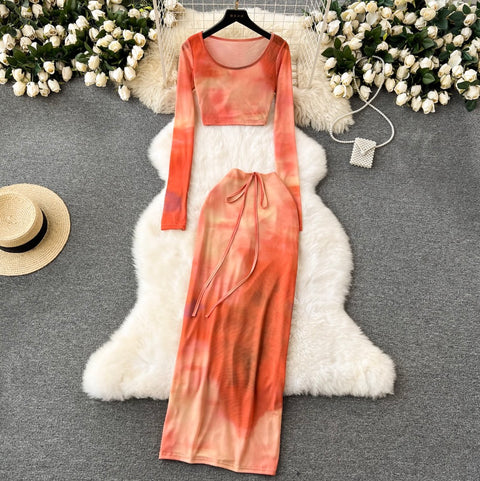 Tie-dye Print T-Shirt & Skirt 2Pcs