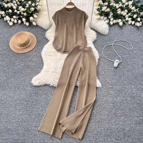 Sleeveless Knitwear & Wide-leg Trousers 2Pcs