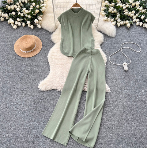 Sleeveless Knitwear & Wide-leg Trousers 2Pcs