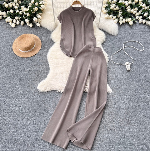 Sleeveless Knitwear & Wide-leg Trousers 2Pcs