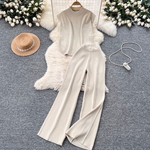 Sleeveless Knitwear & Wide-leg Trousers 2Pcs