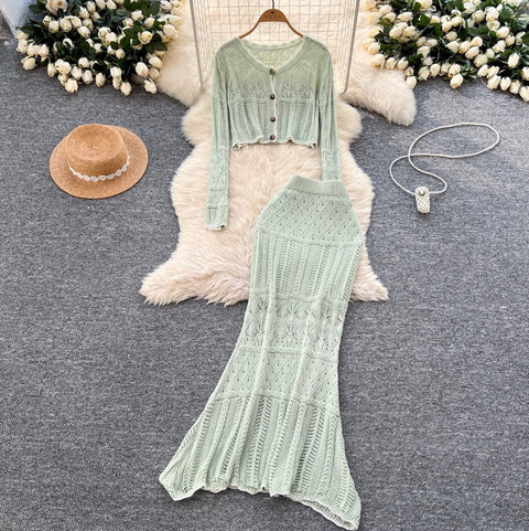 Wave Cardigan & Fishtail Skirt 2Pcs