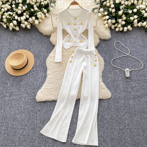 Slim-fit Cardigan & Trousers Knit 2Pcs