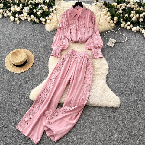 Lace Patchwork Shirt & Trousers 2Pcs