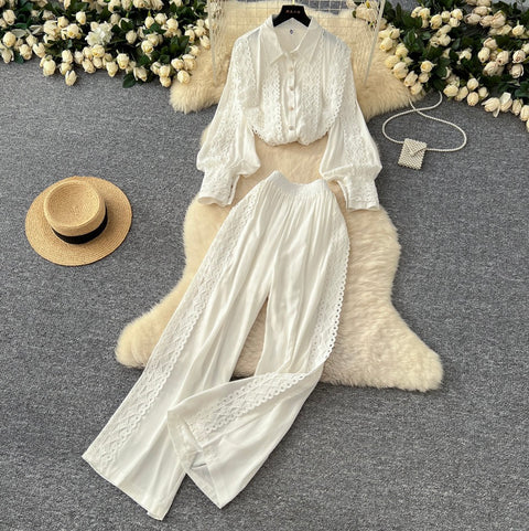 Lace Patchwork Shirt & Trousers 2Pcs