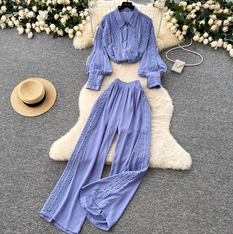 Lace Patchwork Shirt & Trousers 2Pcs