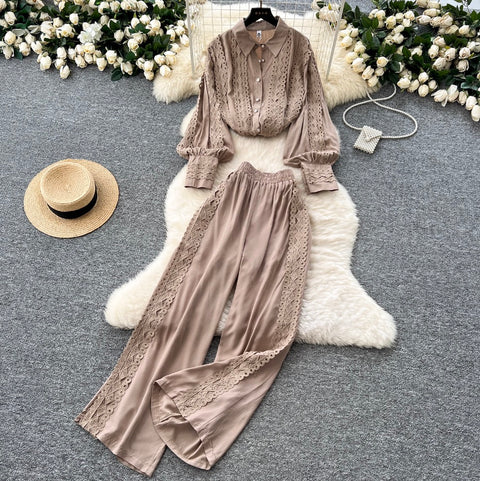 Lace Patchwork Shirt & Trousers 2Pcs