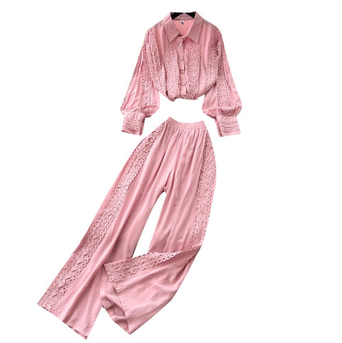 Lace Patchwork Shirt & Trousers 2Pcs