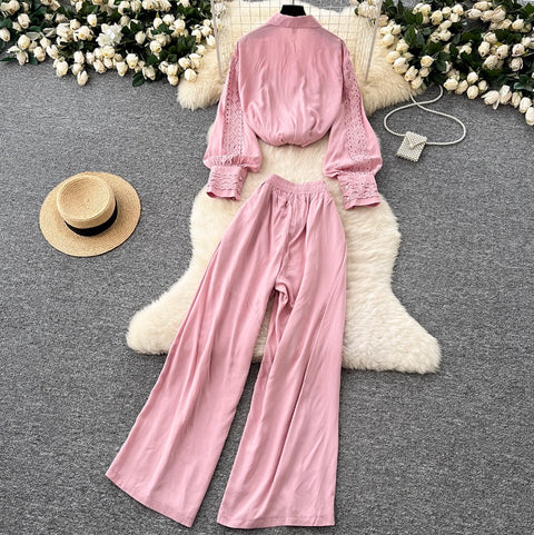 Lace Patchwork Shirt & Trousers 2Pcs