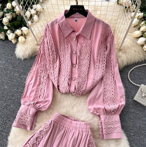 Lace Patchwork Shirt & Trousers 2Pcs