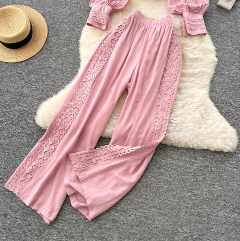 Lace Patchwork Shirt & Trousers 2Pcs