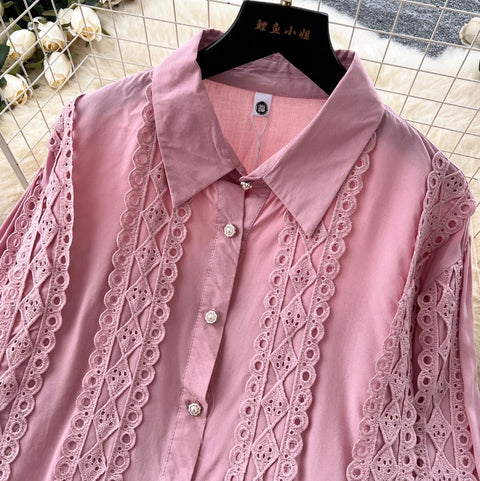 Lace Patchwork Shirt & Trousers 2Pcs