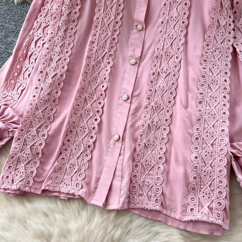 Lace Patchwork Shirt & Trousers 2Pcs