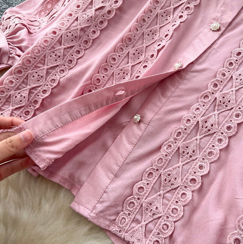 Lace Patchwork Shirt & Trousers 2Pcs