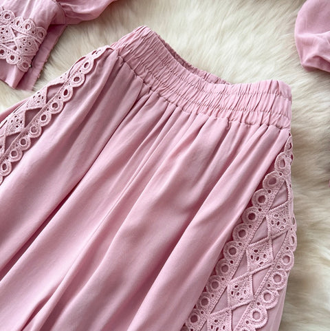 Lace Patchwork Shirt & Trousers 2Pcs