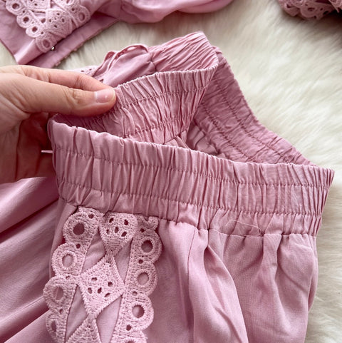 Lace Patchwork Shirt & Trousers 2Pcs