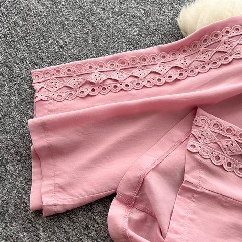 Lace Patchwork Shirt & Trousers 2Pcs