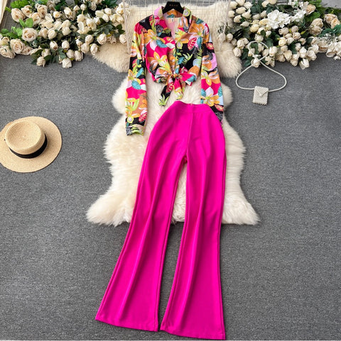 Printed Shirt & Flared Trousers 2Pcs