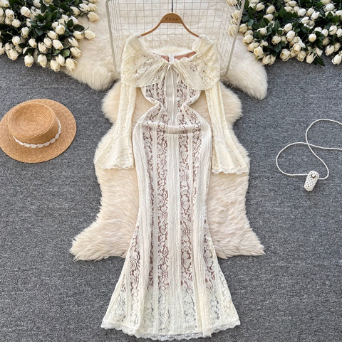 Lapeled Embroidered Lace White Dress