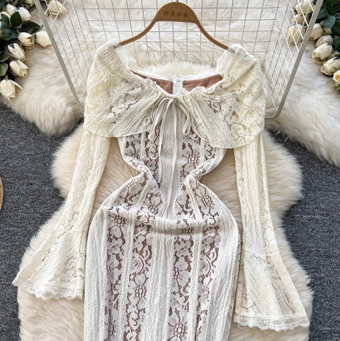 Lapeled Embroidered Lace White Dress