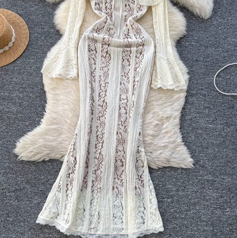 Lapeled Embroidered Lace White Dress