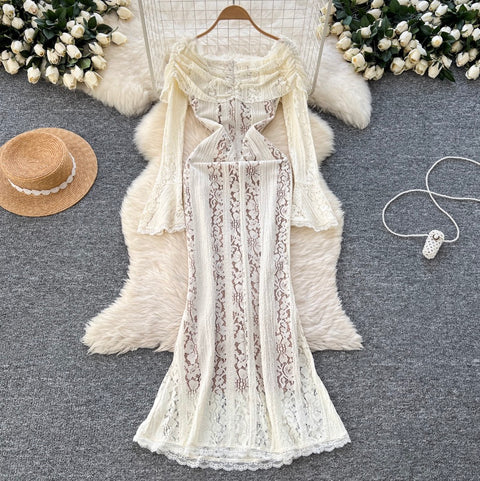 Lapeled Embroidered Lace White Dress