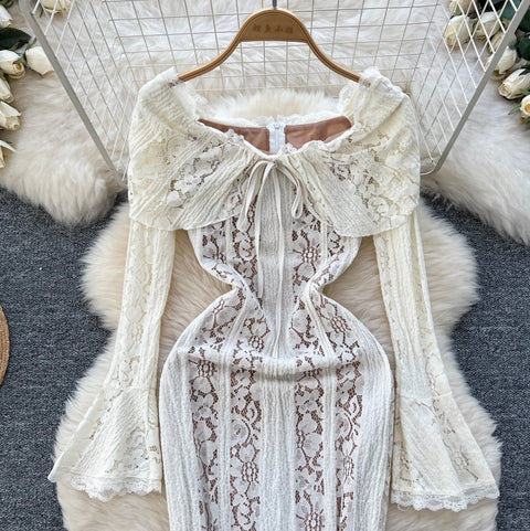 Lapeled Embroidered Lace White Dress