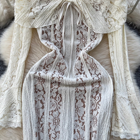 Lapeled Embroidered Lace White Dress