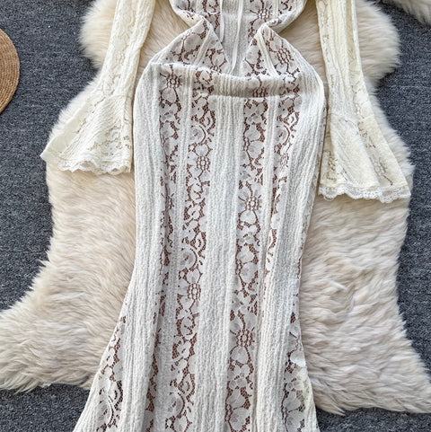 Lapeled Embroidered Lace White Dress