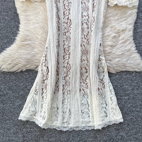 Lapeled Embroidered Lace White Dress