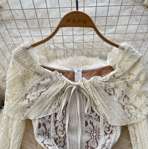 Lapeled Embroidered Lace White Dress