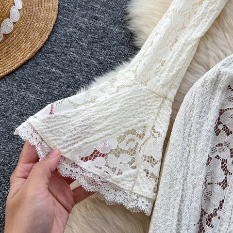 Lapeled Embroidered Lace White Dress