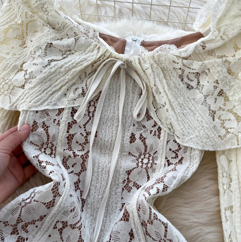 Lapeled Embroidered Lace White Dress