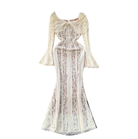 Lapeled Embroidered Lace White Dress
