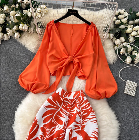 Flared-sleeve Top & Printed Trousers 2Pcs