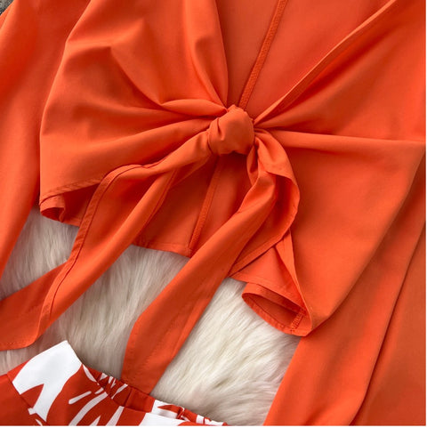 Flared-sleeve Top & Printed Trousers 2Pcs