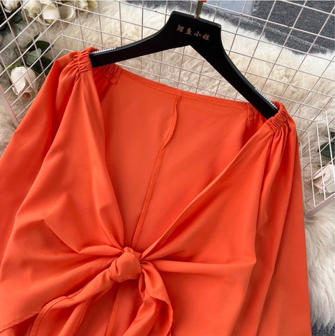 Flared-sleeve Top & Printed Trousers 2Pcs